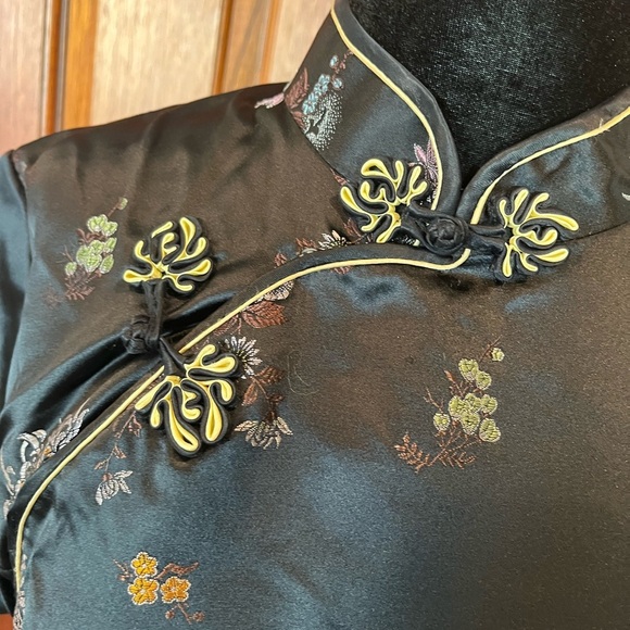 Vintage Peony Brand Brocade Cheongsam Qipao Black 38 M Frog Closure Shanghai - Picture 2 of 14